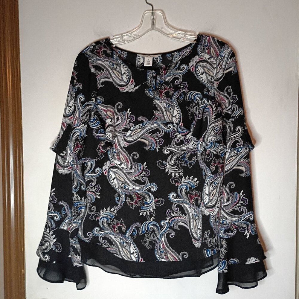 White House Black Market Paisley Print Bell Sleeve Blouse Women's Top
